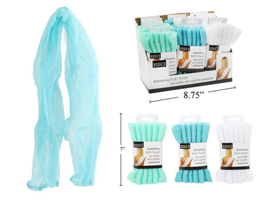 Bodico, Bath Back Exfoliating Towel, wrap header, crimp fold